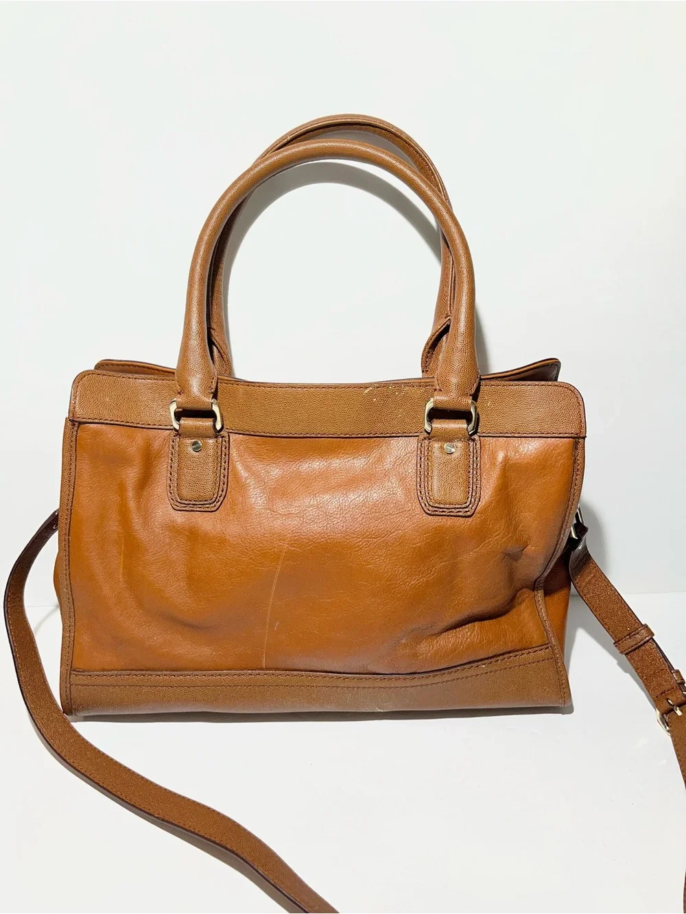 😍 Cole Haan Cognac Brown Leather Satchel with Gold Hardware